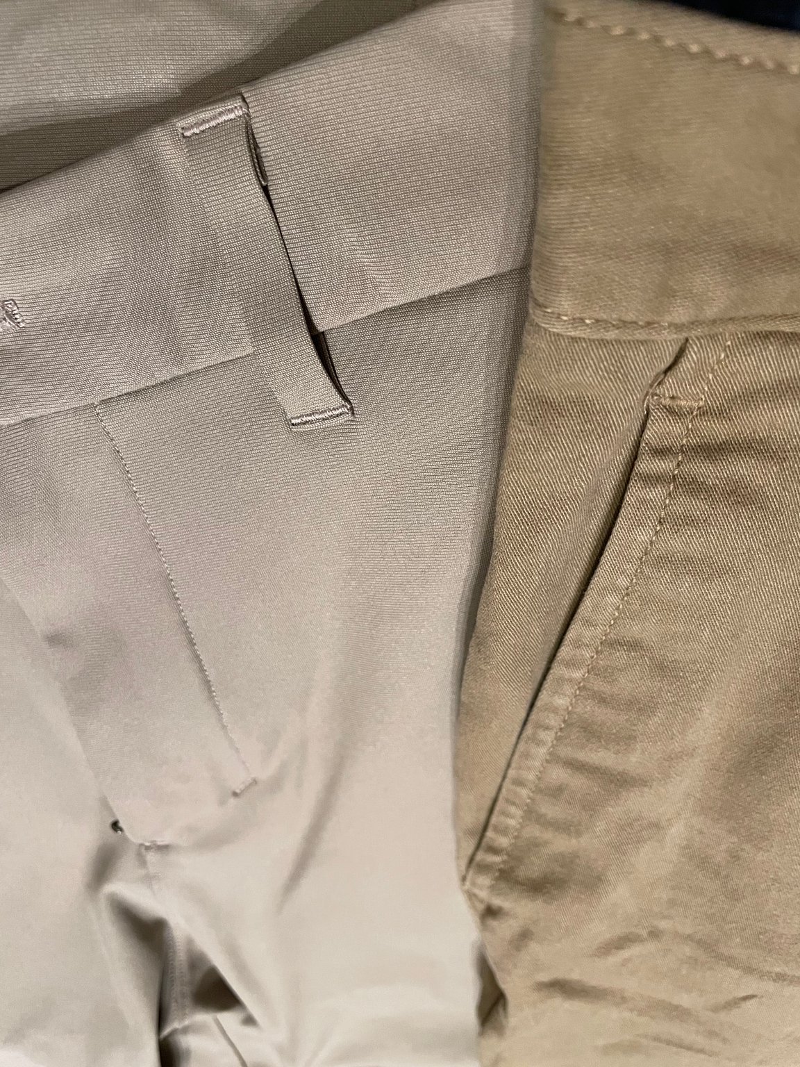 warpstreme (left) / traditional cotton khakis (right)