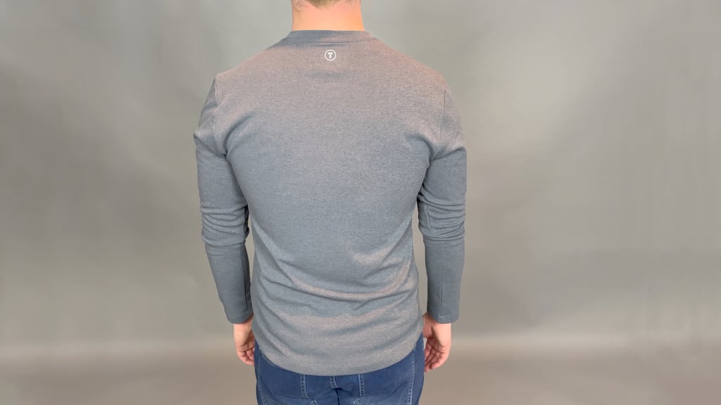 the one thing we do not love about the twillory henley: the big logo on the back