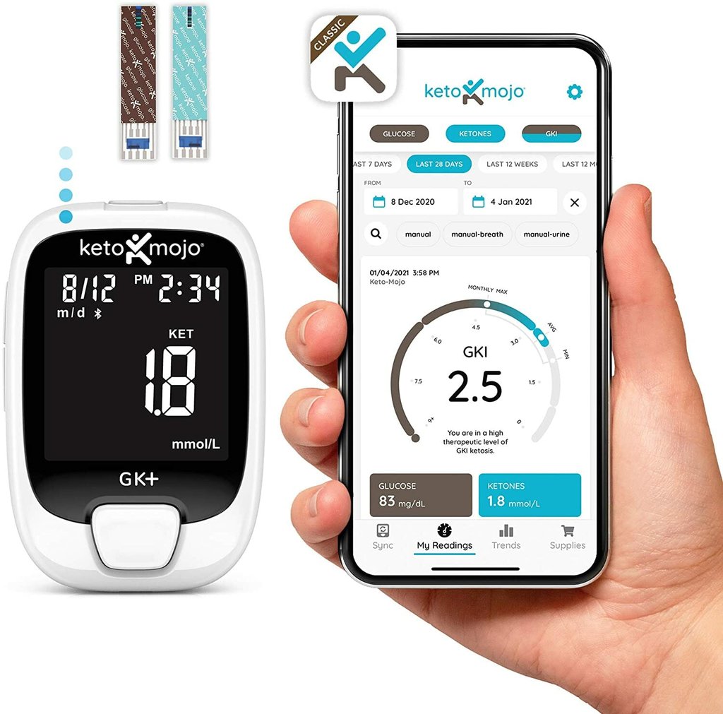 a ketone meter, like this one, take a blood sample to measure blood ketone levels – another metabolic tracker