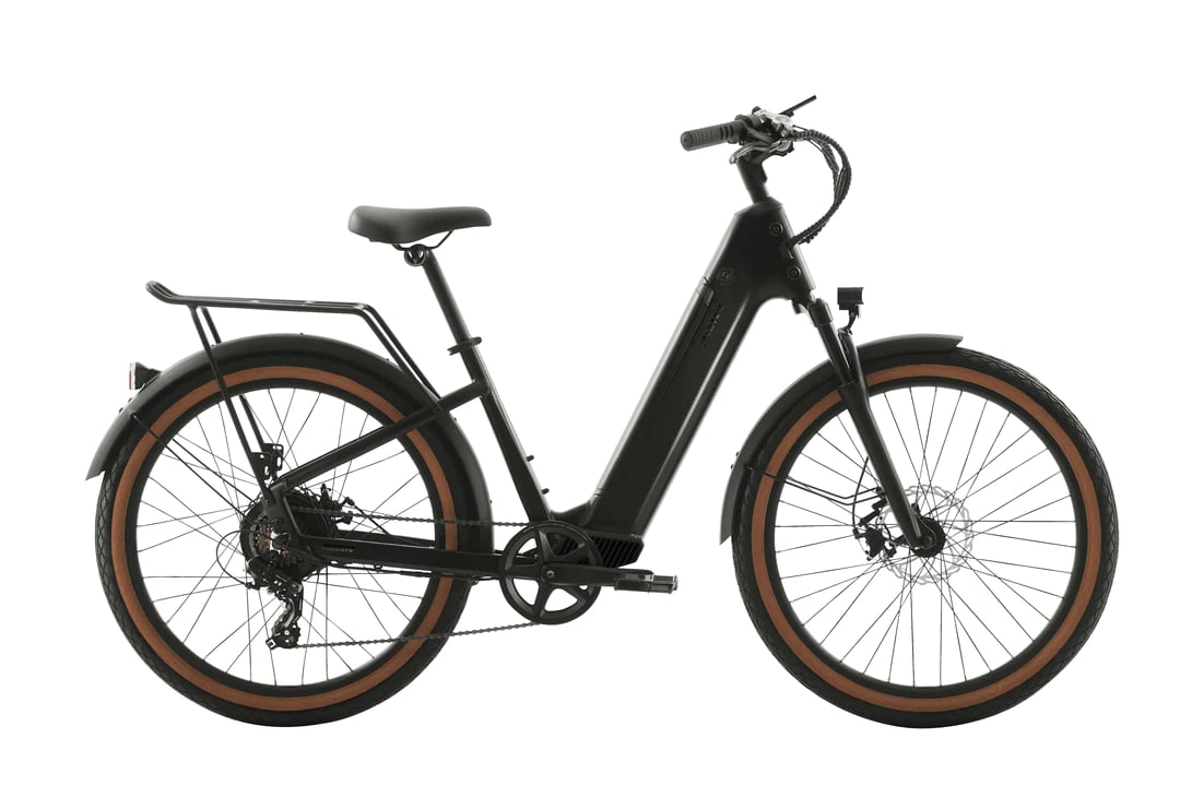 a black electric bike with brown tires