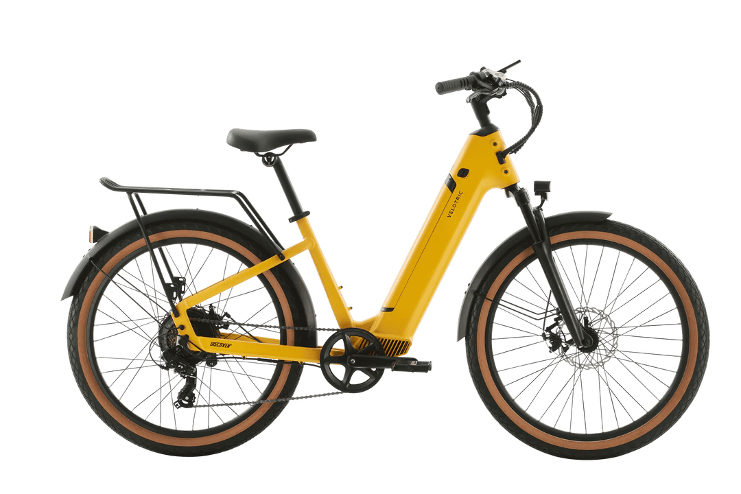 a yellow bike with black wheels