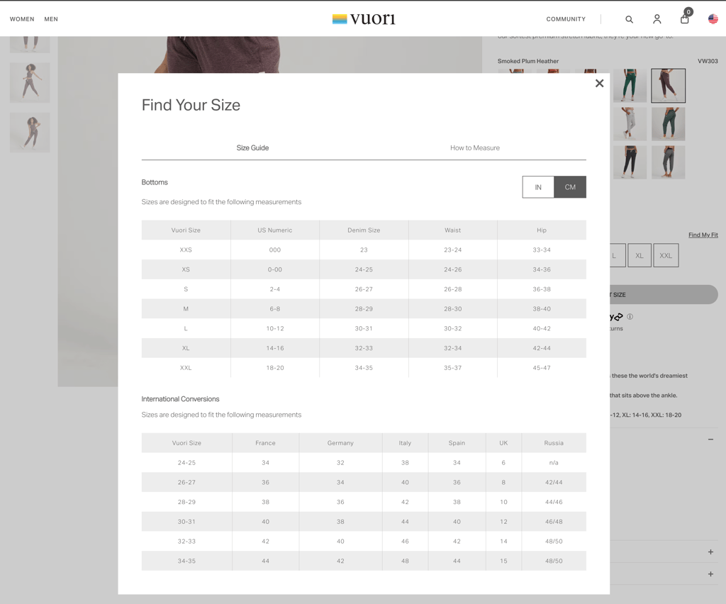 vuori sizing chart