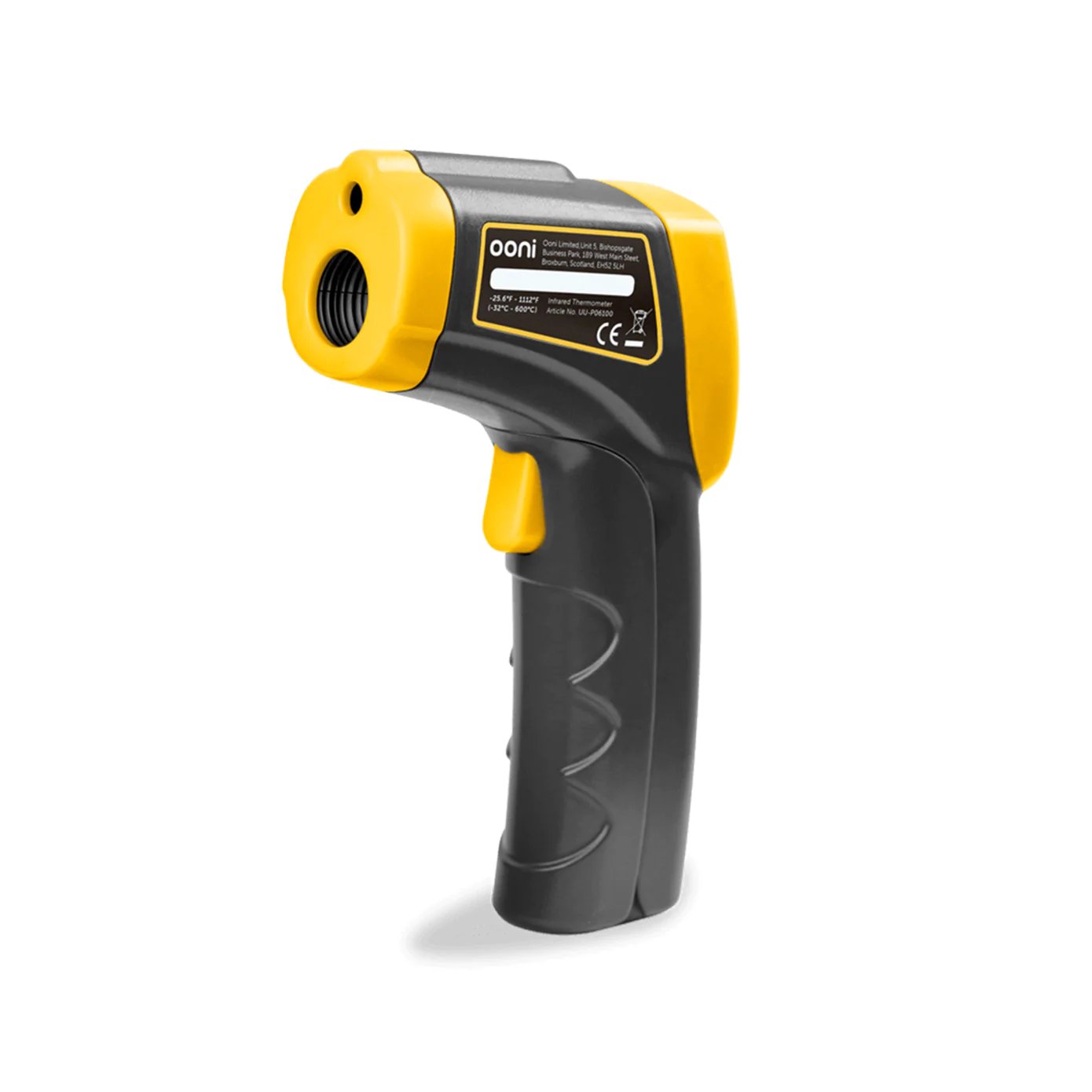 a black and yellow infrared thermometer