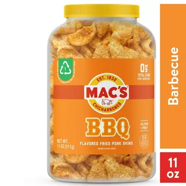 Mac s Chicharrones Barbecue Flavored Crispy Fried Pork Skins 11 oz Canister 76e09590 749d 4cee 9dce 2324d7ff5aa1.ba4a2821f20782eb4f3f8b49ddd9c8a5