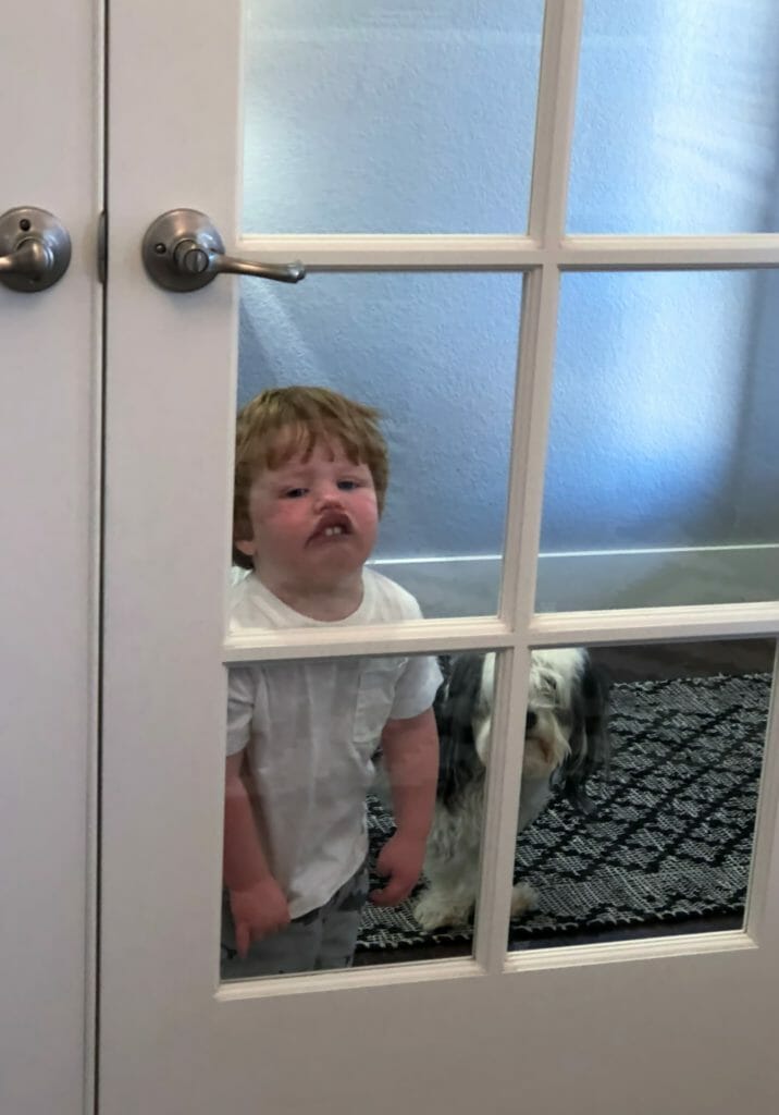a child standing in front of a door looking through a window